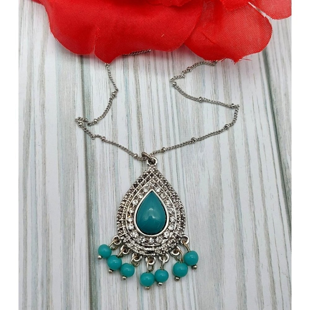 Silver Tone Pendant Necklace Saturn Chain Teardrop Rhinestones Dangle Beads 19"